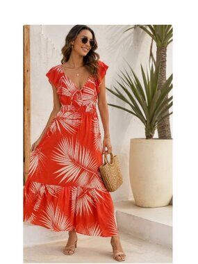 Nine West Red & White Tropical Print Maxi Dress With Flutter Sleeves Size L